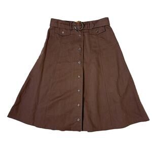 Coldwater Creek Belted Tea Length A-Line Midi Skirt | Linen Cotton Brown | PS
